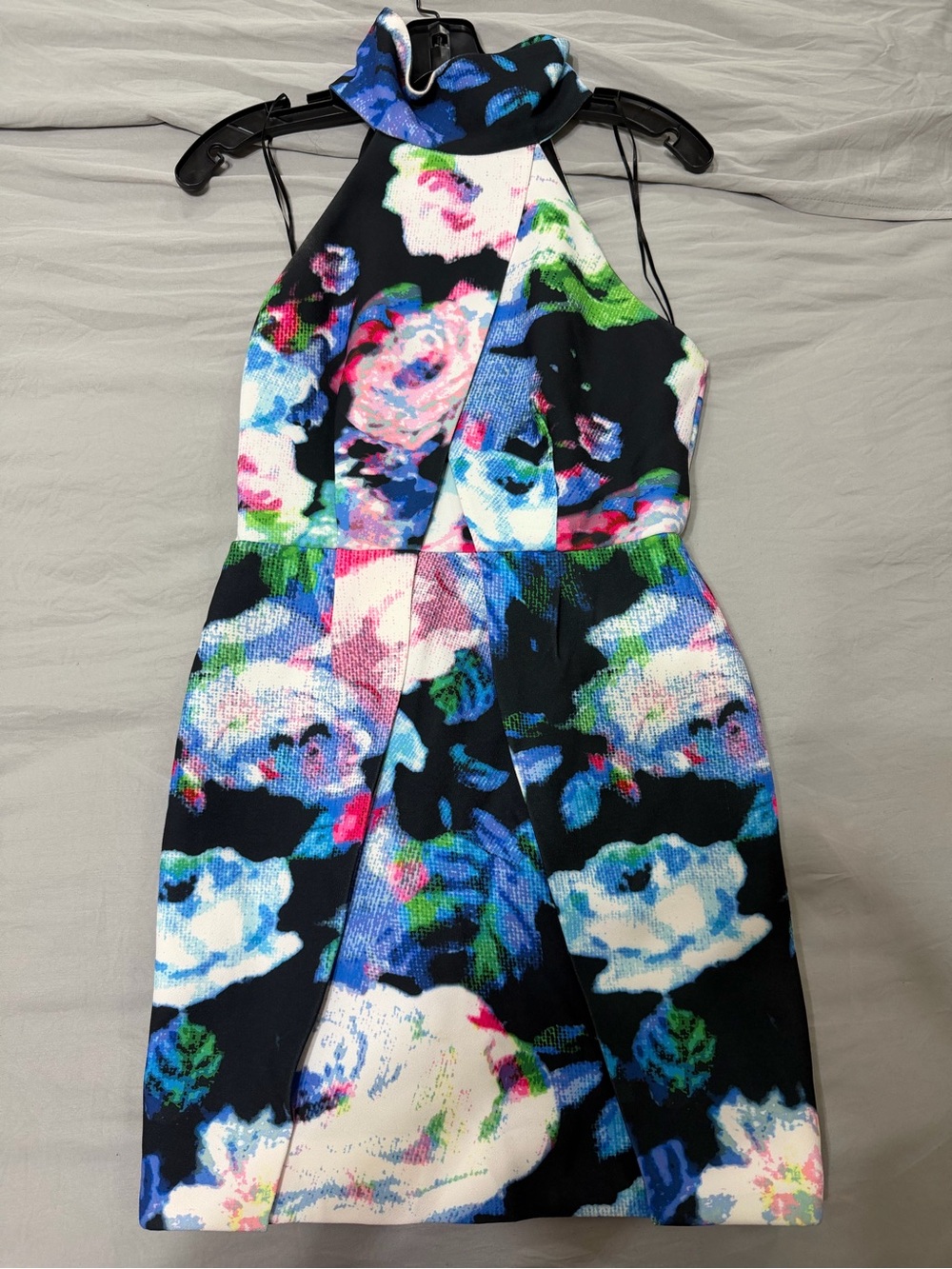 Finders Keepers Black Halter Mini Dress with Multicolor Floral Print